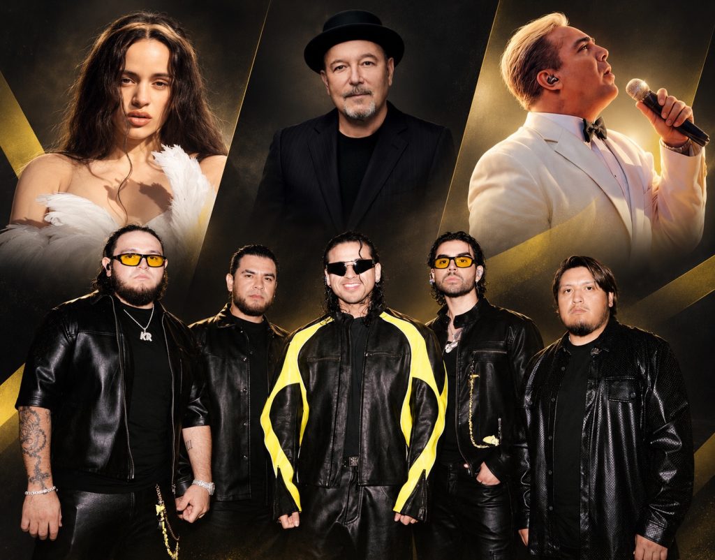 Composición de varios artistas sobre fondo negro y dorado